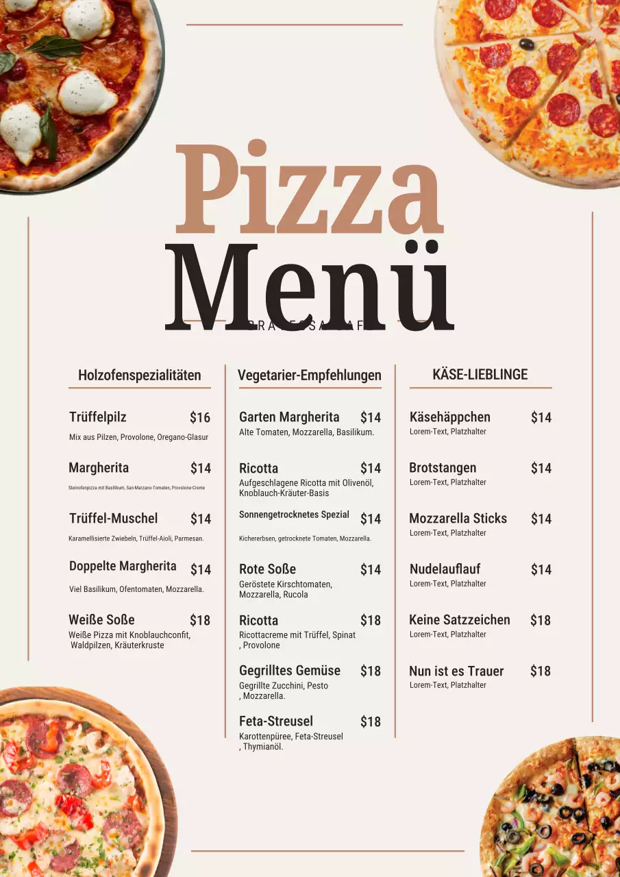 Beiges modernes Pizzamenü-Poster