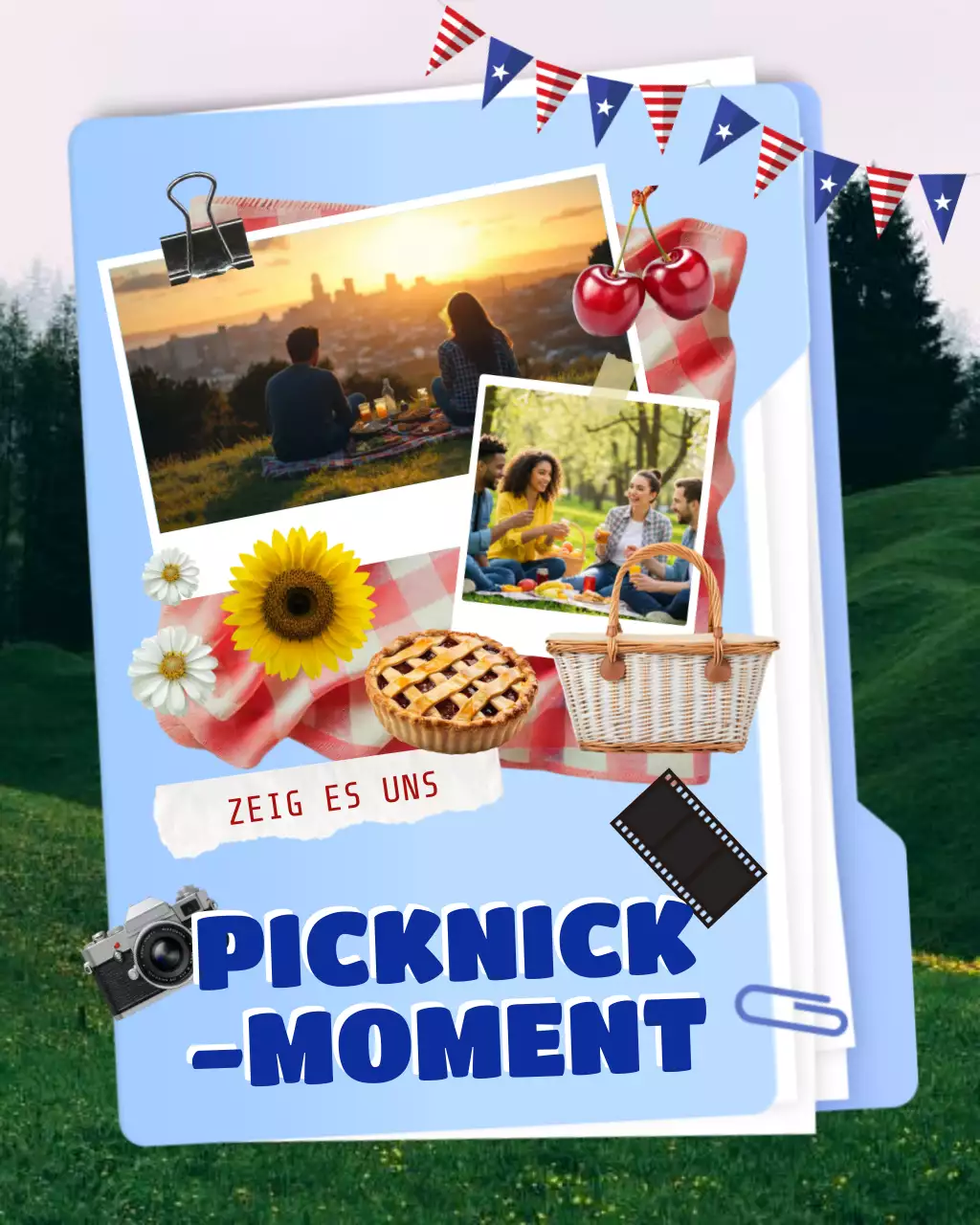 Blauer und beiger Instagram-Karussell-Beitrag zum Gemeinschaftspicknick am Labor Day