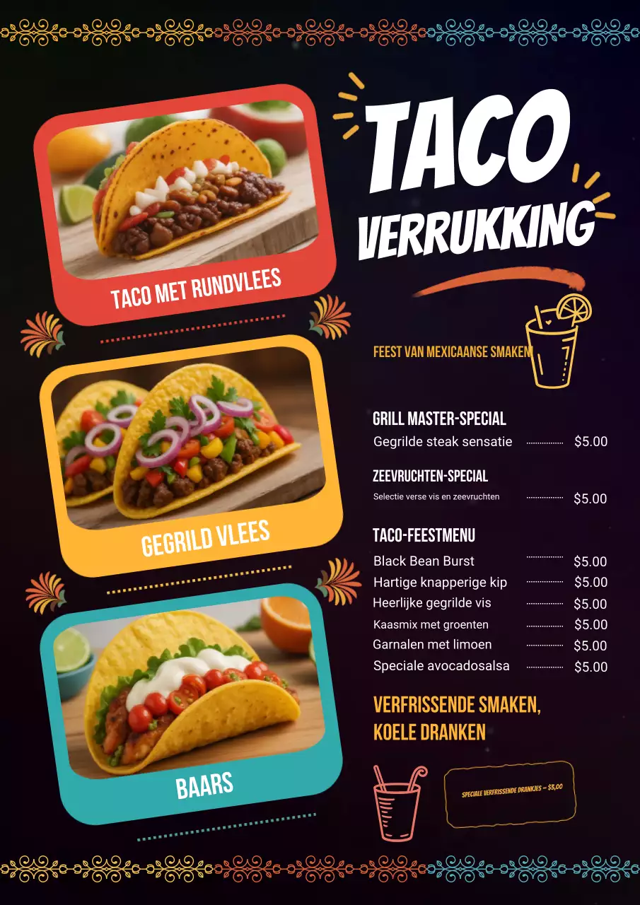 Zwarte levendige taco-menuposter
