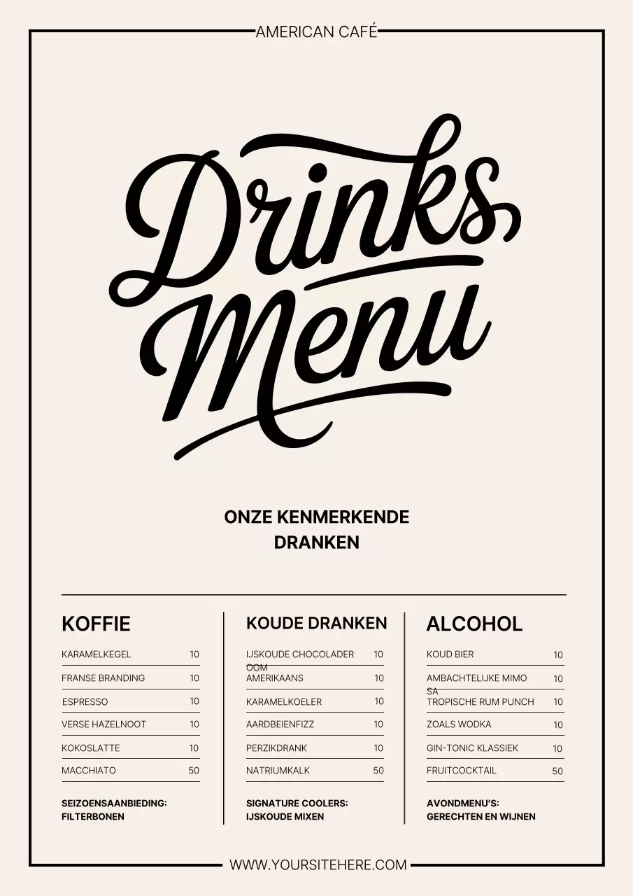 Beige Klassieke Drankenmenu Poster