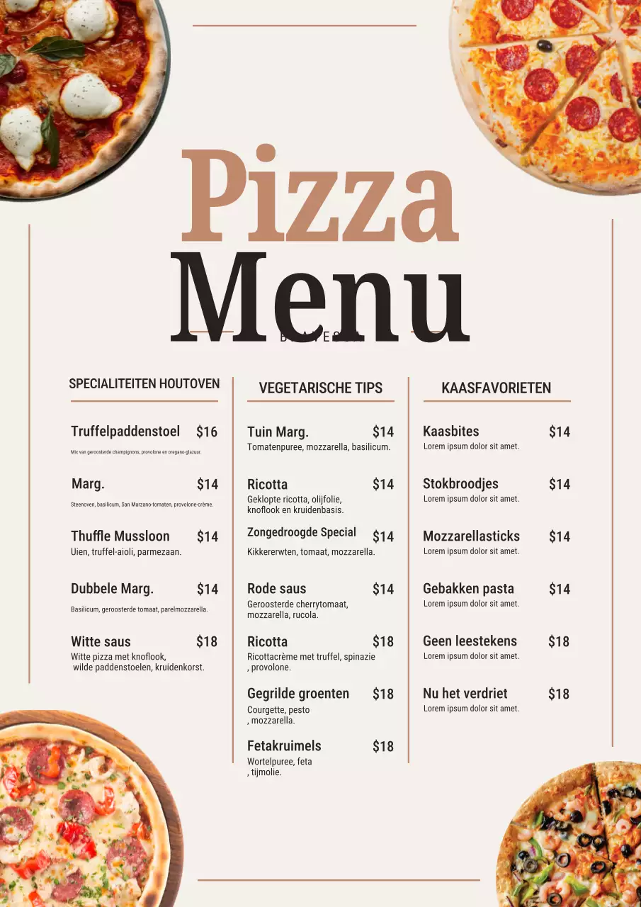 Beige moderne pizzamenuposter