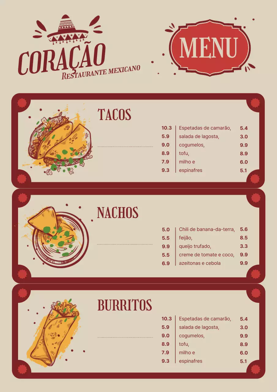 Pôster de cardápio mexicano tradicional bege
