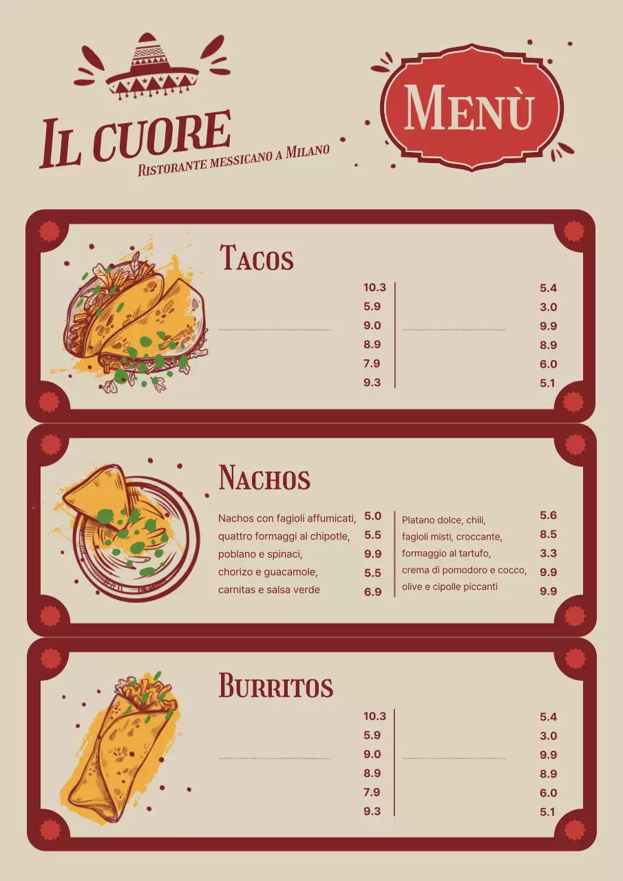Poster del menu tradizionale messicano beige