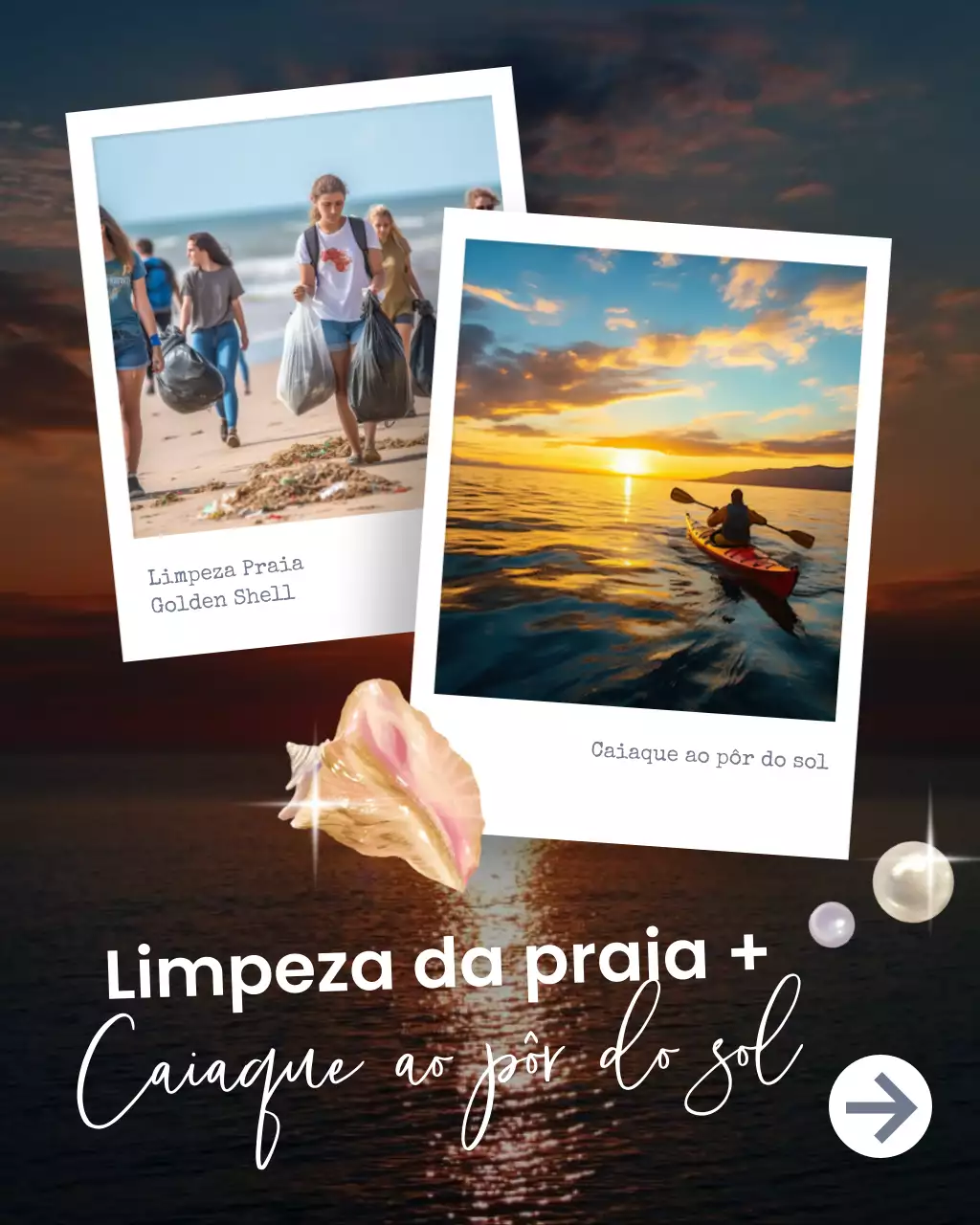 Modelo de mídia social para limpeza de praia em preto, laranja e branco, pôr do sol