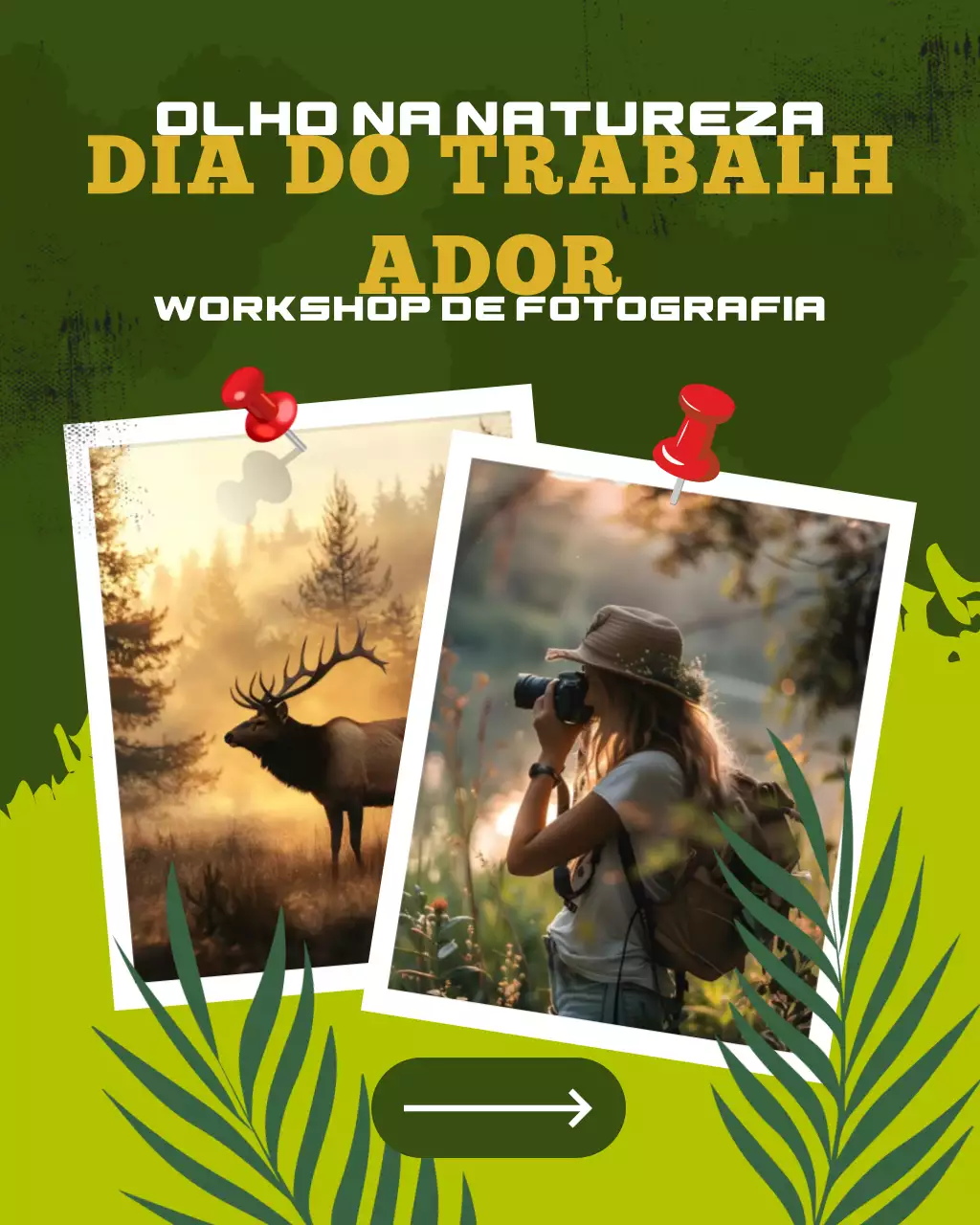 Modelo de mídia social para workshop de fotografia do Dia do Trabalho "Olhos Verdes na Natureza"