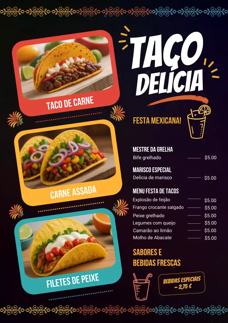 Pôster de cardápio de tacos vibrantes pretos
