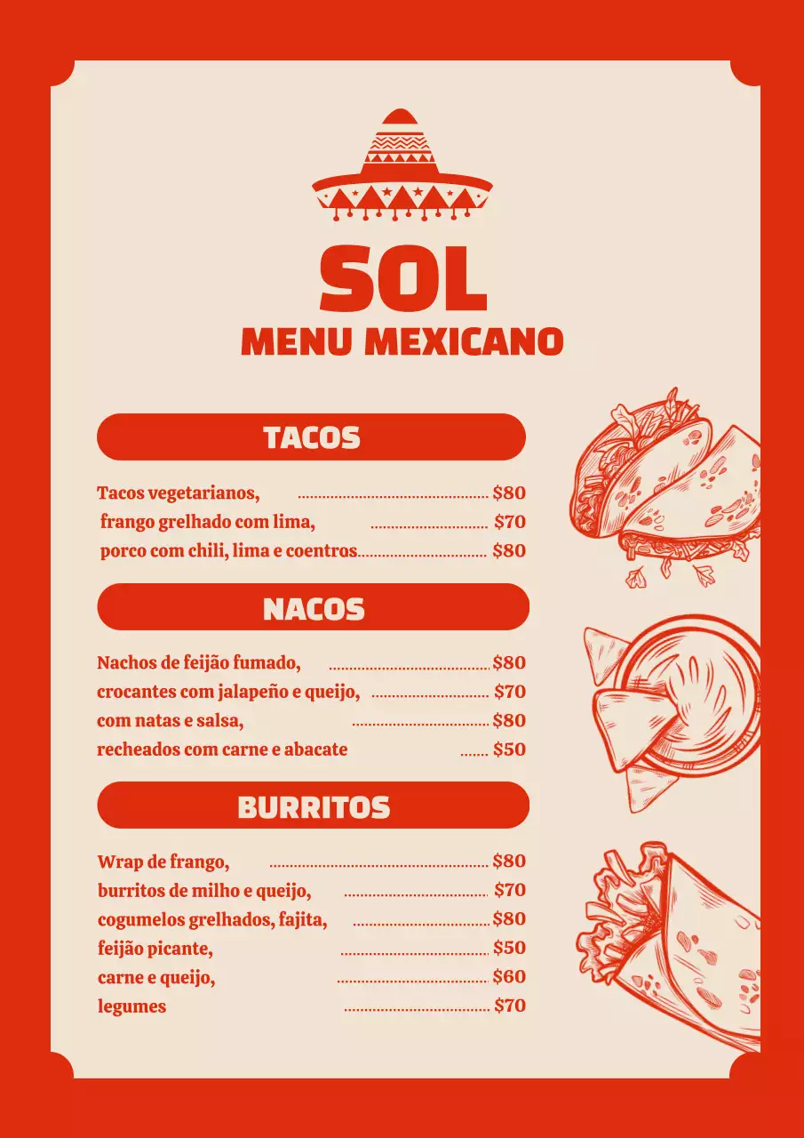 Cartaz vermelho do menu tradicional mexicano