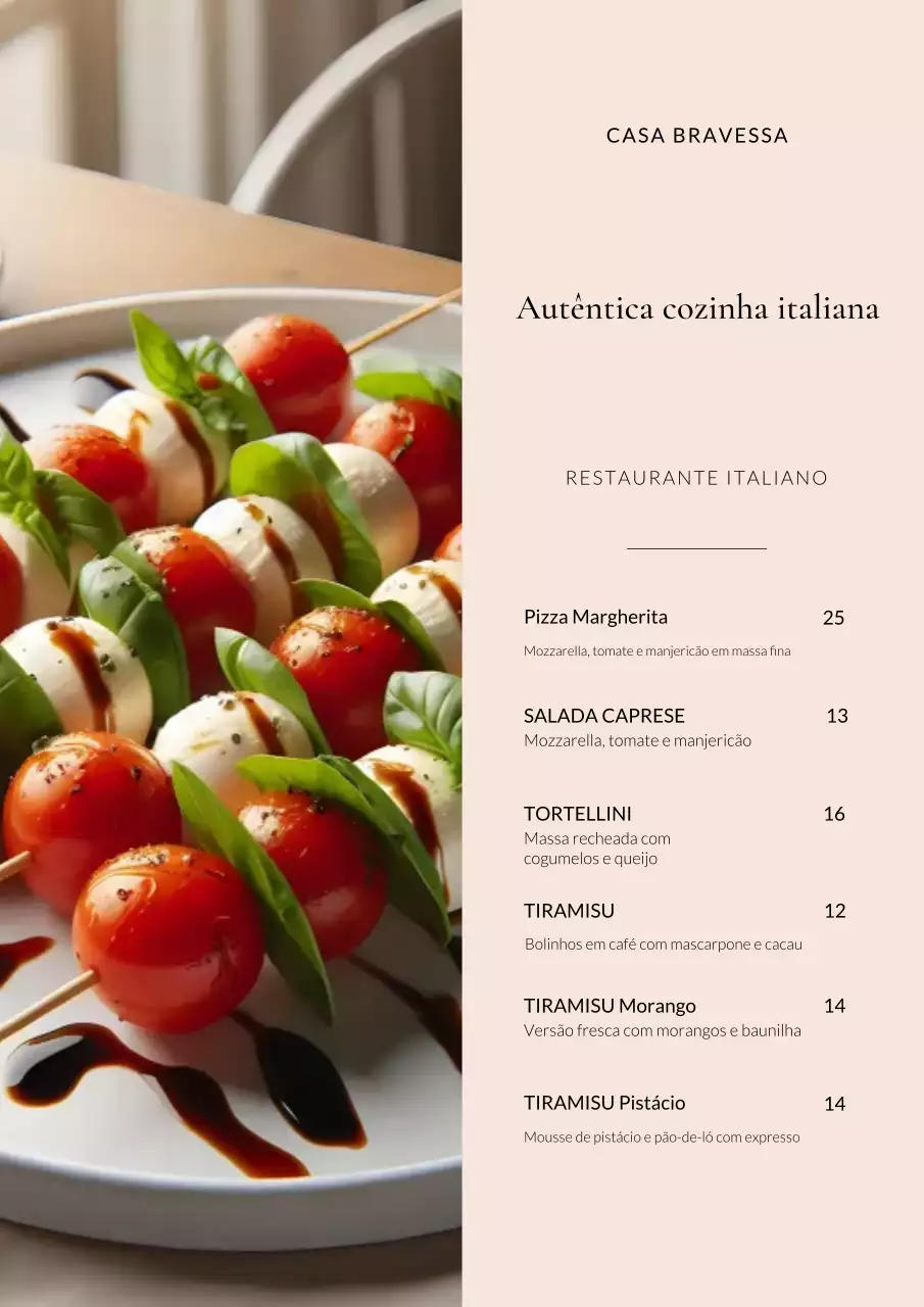 Pôster bege clássico de cardápio italiano