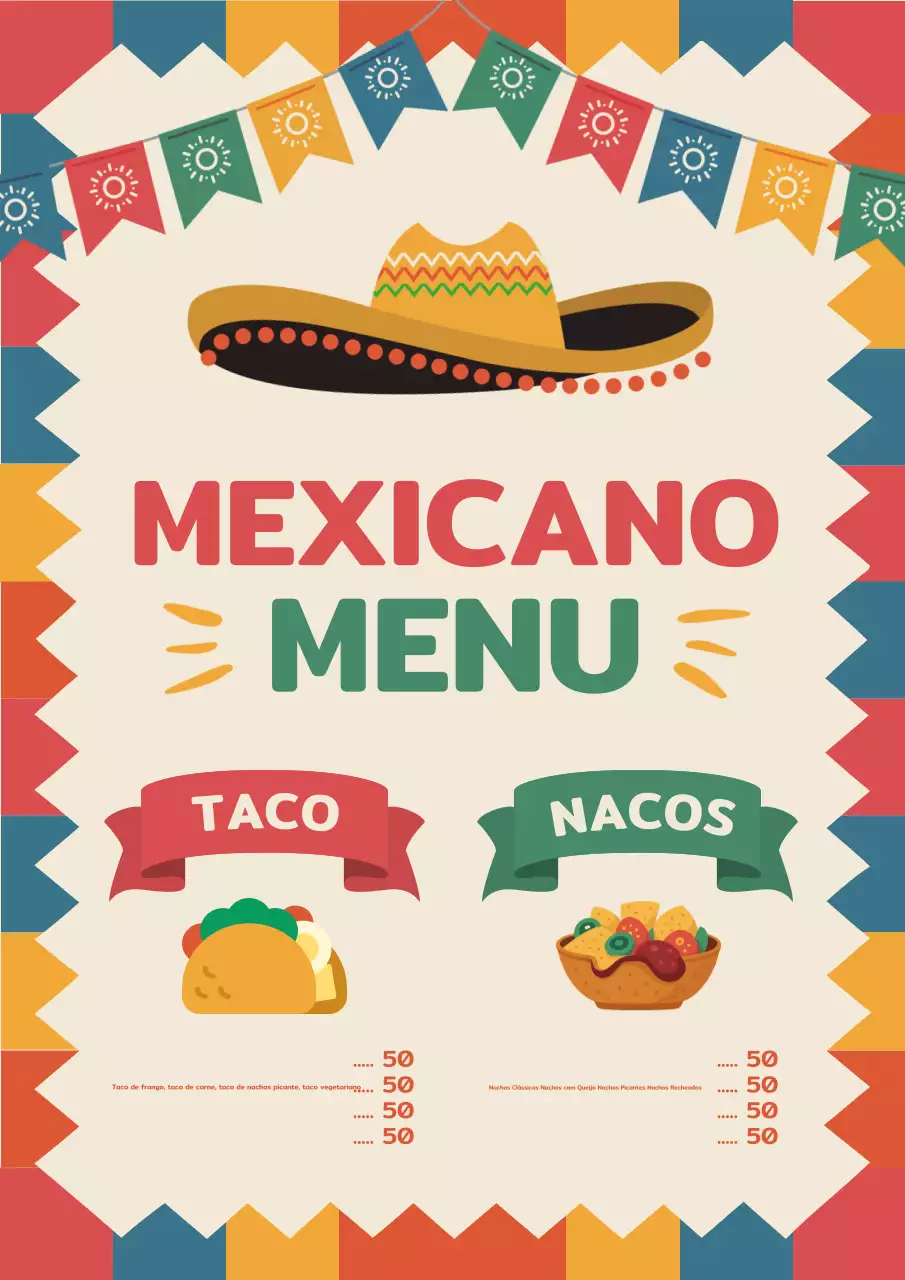 Pôster colorido com design de cardápio tradicional mexicano