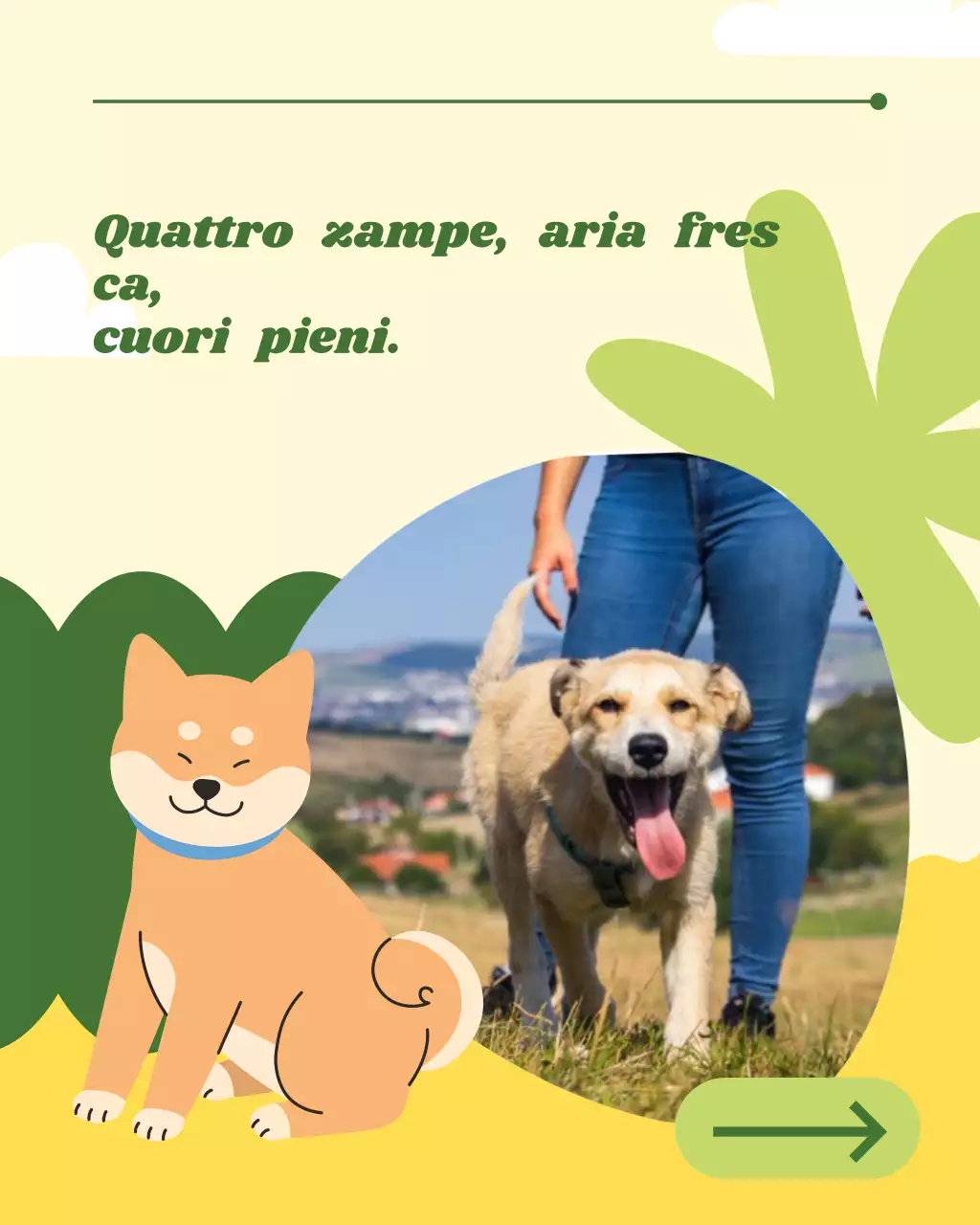 Modello di social media per viaggi e attività all'aperto con animali domestici per il Labor Day in verde e giallo