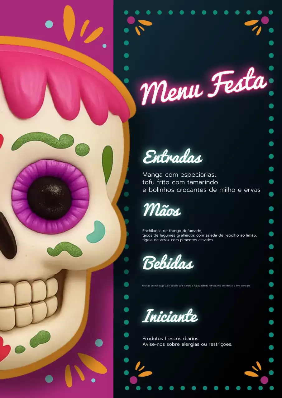 Pôster roxo do cardápio de comidas festivas