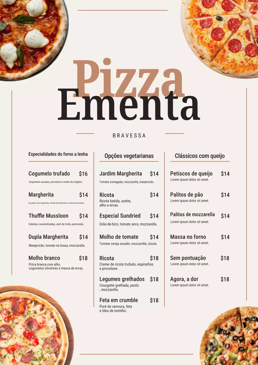 Pôster bege moderno de cardápio de pizza