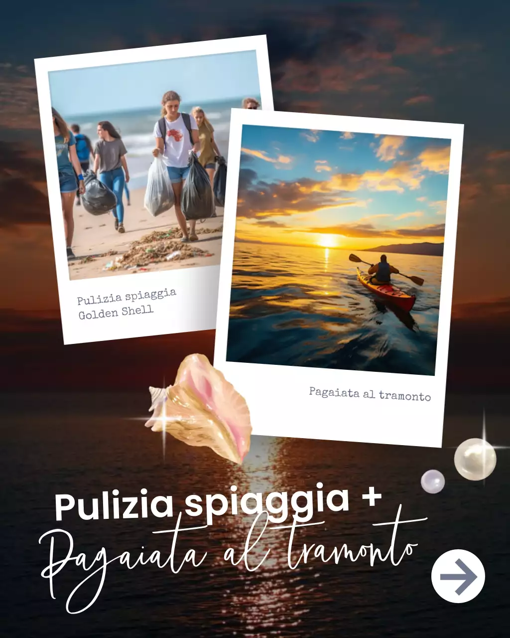 Modello di social media per la pulizia della spiaggia in bianco e nero, al tramonto