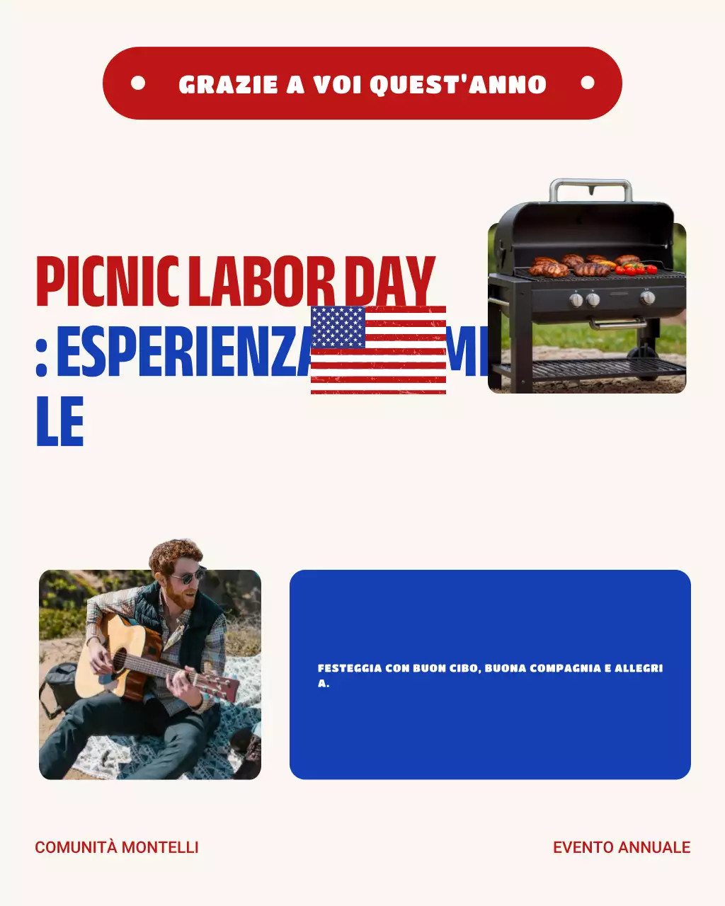 Post carosello di Instagram per il picnic comunitario del Labor Day in grassetto rosso e blu