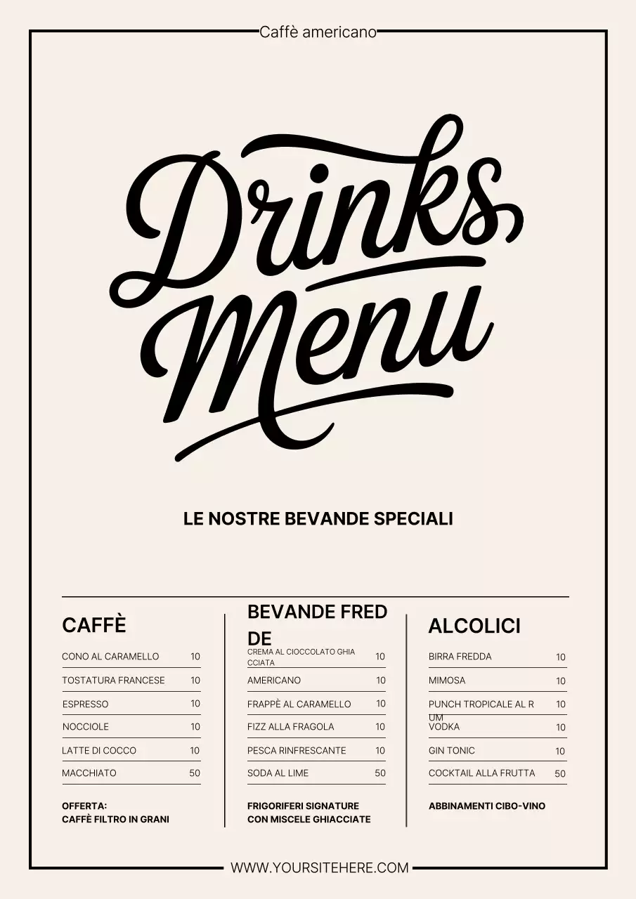 Poster del menu delle bevande classiche beige