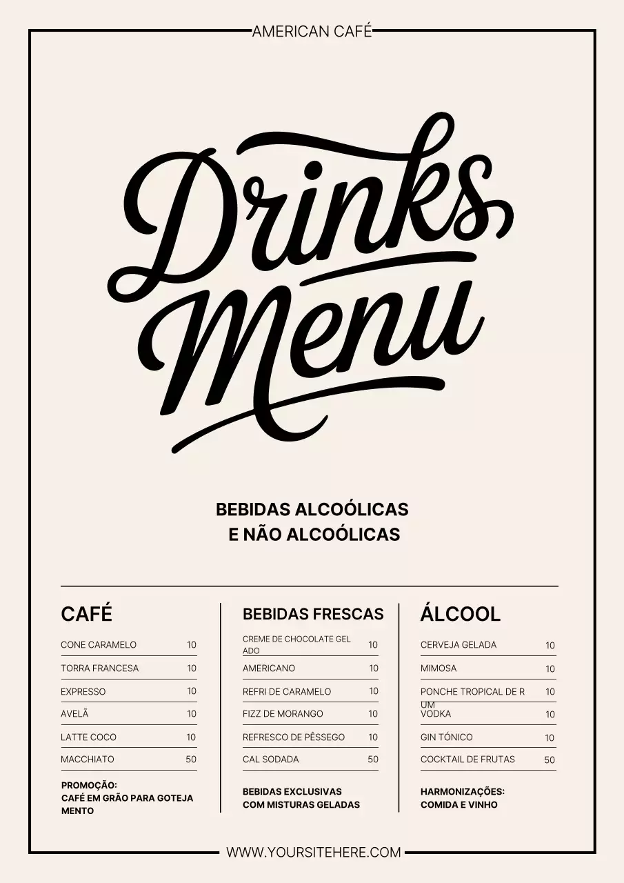 Pôster bege com cardápio de bebidas clássicas