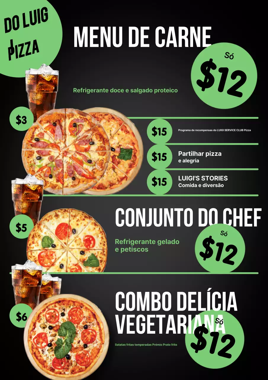 Cartaz de cardápio de pizza moderno preto