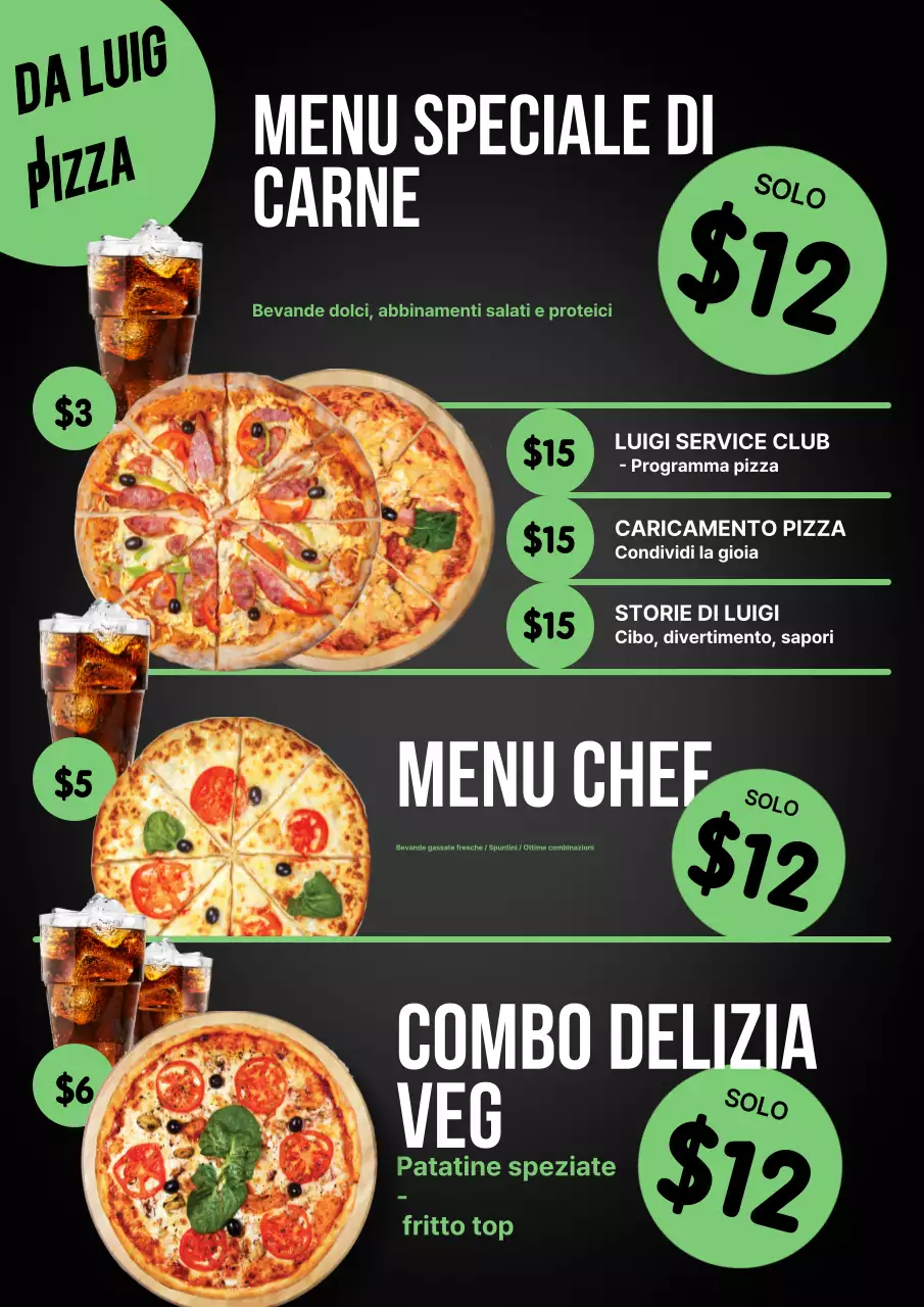 Poster del menu della pizza moderna nera