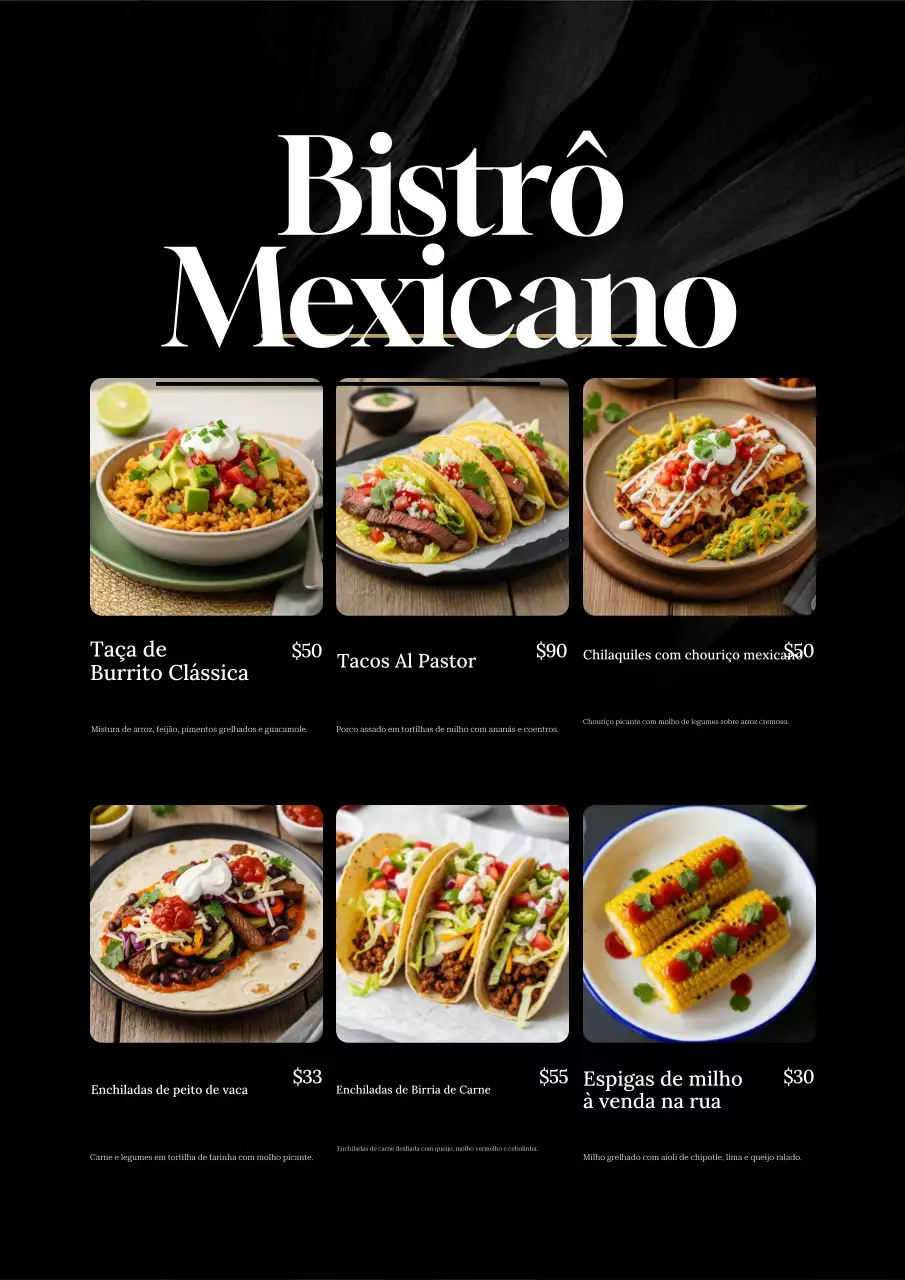 Cartaz de cardápio de comida elegante preto