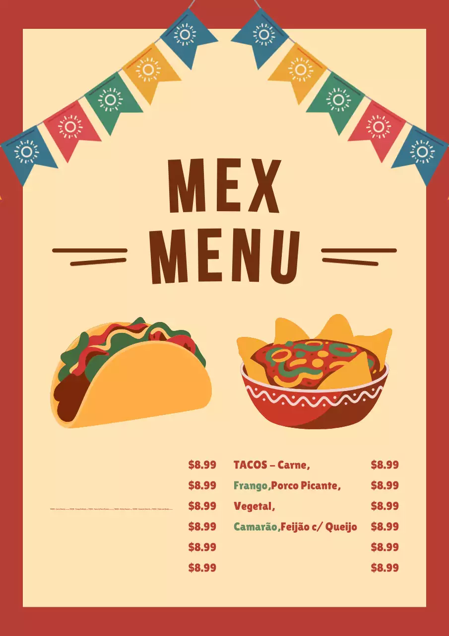 Cartaz de menu de tacos tradicionais bege