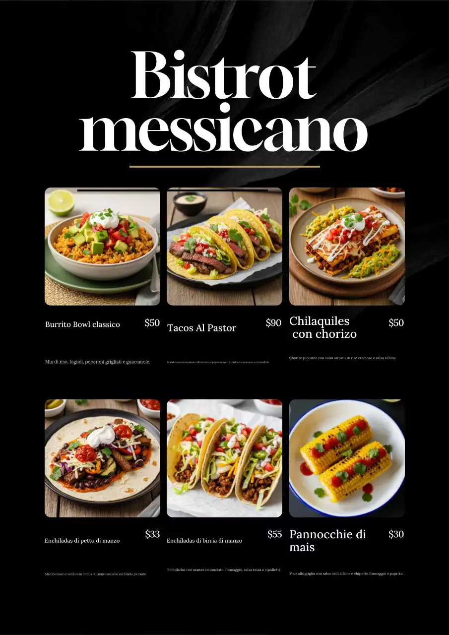 Poster del menu del cibo elegante nero