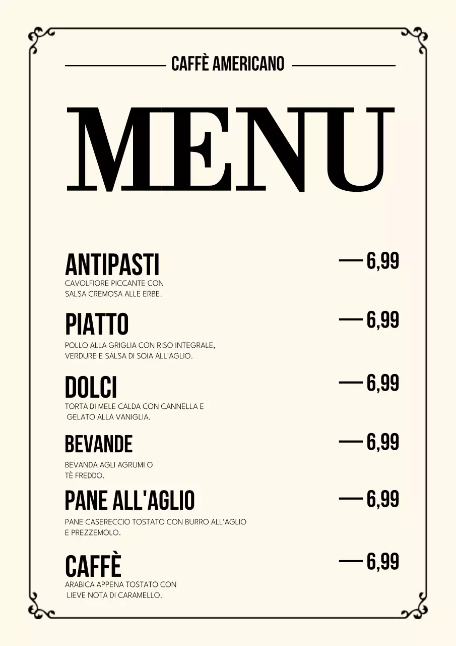 Poster del menu del caffè classico beige