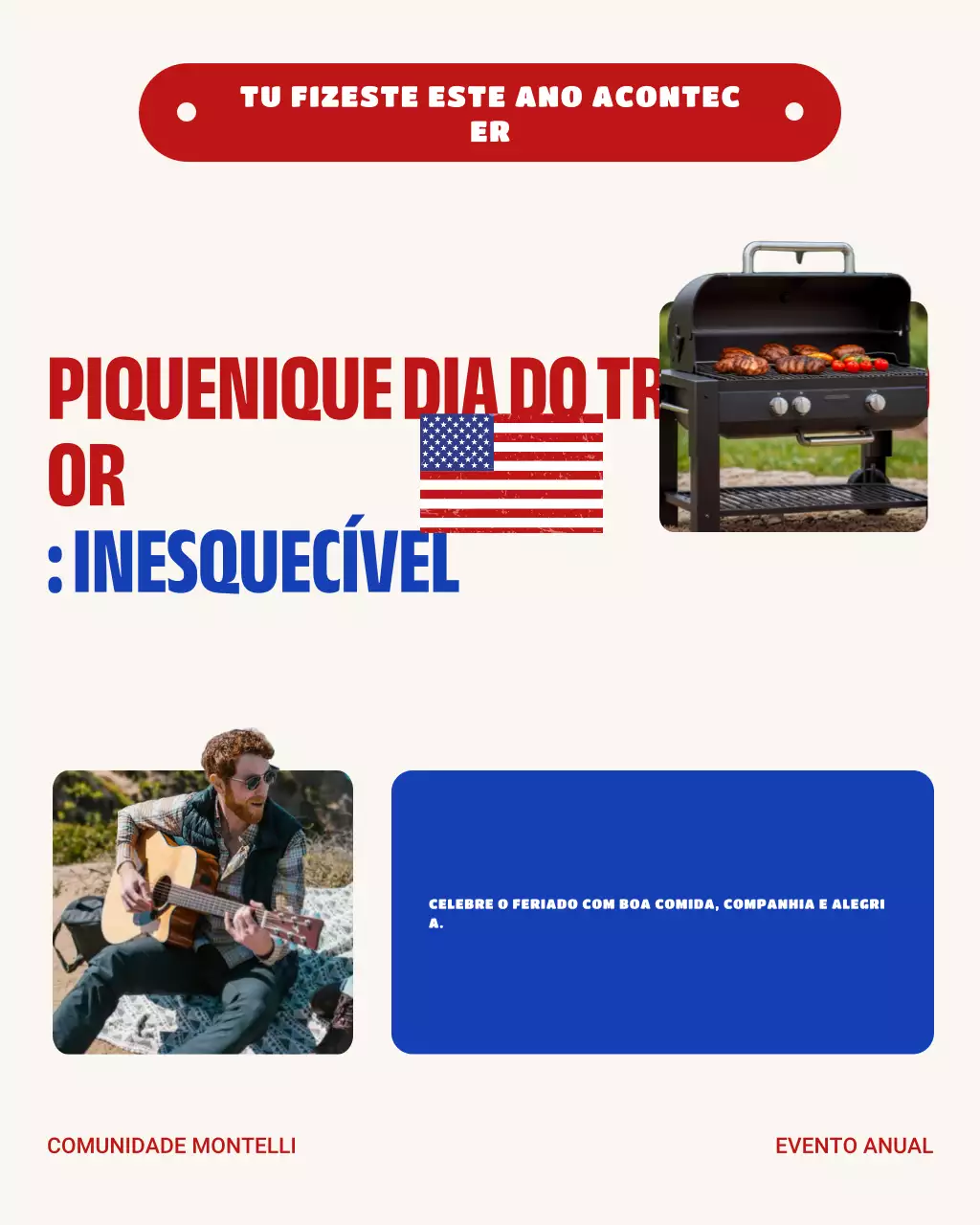 Postagem em carrossel do Instagram sobre piquenique comunitário do Dia do Trabalho em negrito vermelho e azul