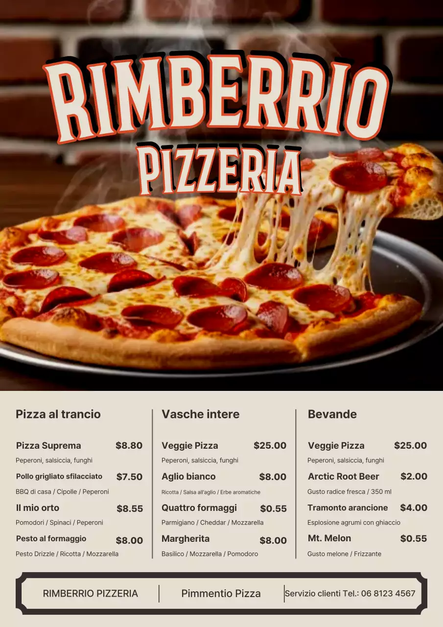 Poster del menu della pizza retrò arancione