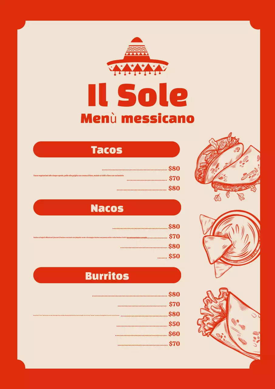Poster del menu tradizionale messicano rosso