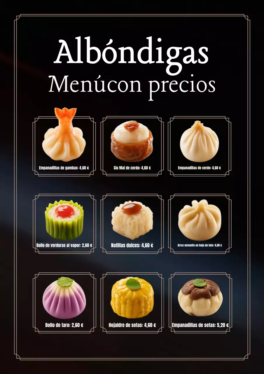 Póster del menú de dim sum tradicional negro
