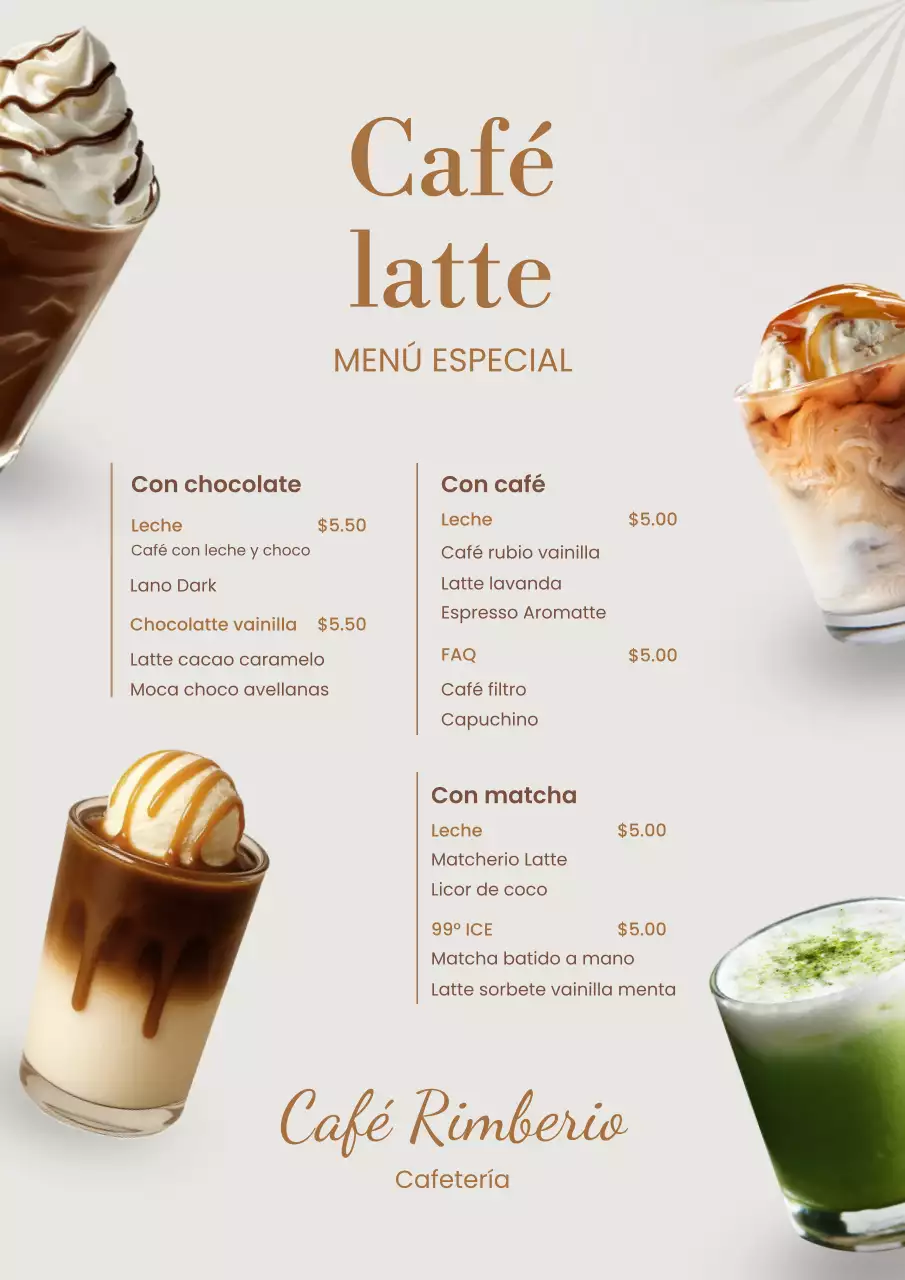Póster elegante de menú de cafetería en beige