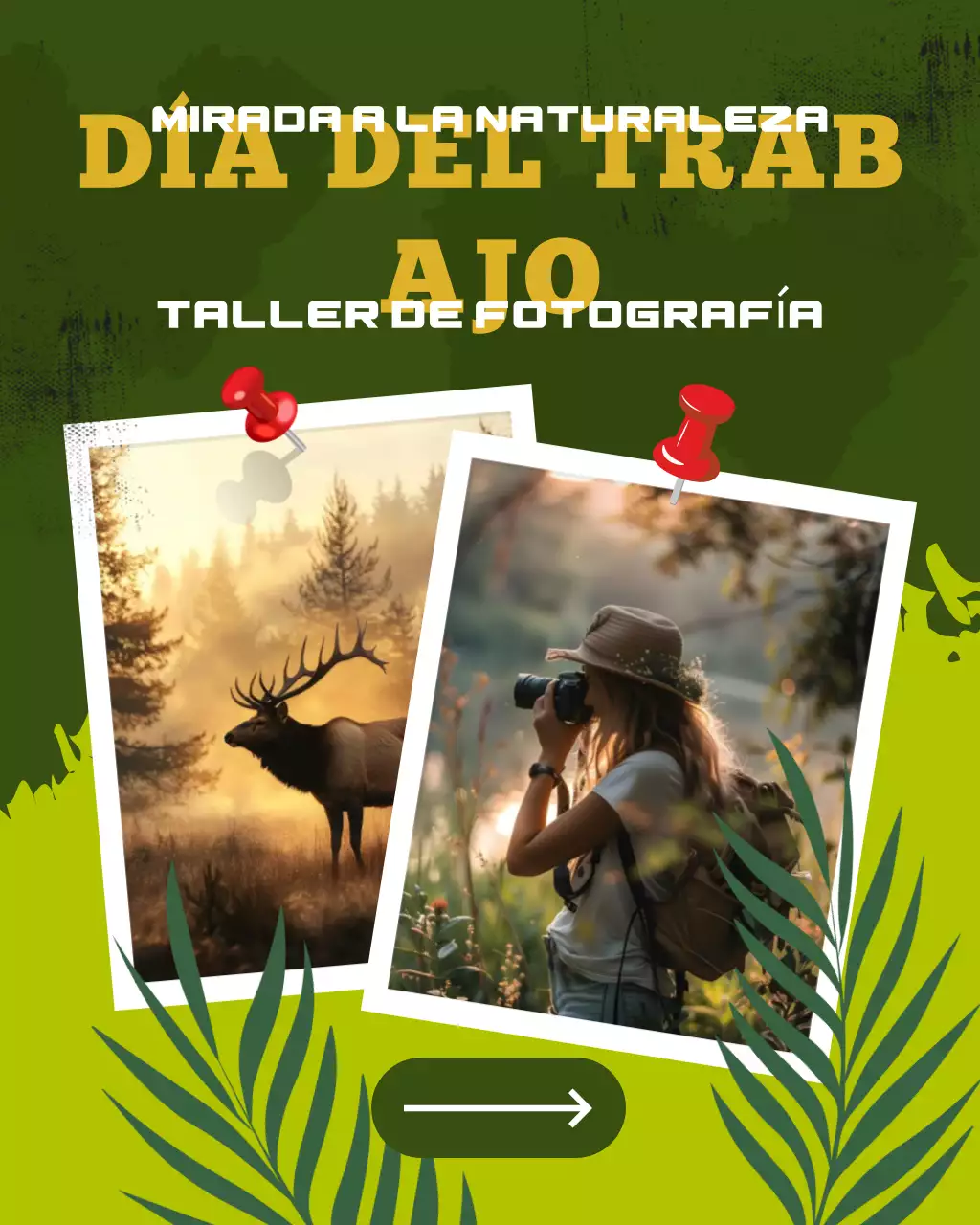 Plantilla para redes sociales del taller fotográfico del Día del Trabajo "Ojos Verdes en la Naturaleza"