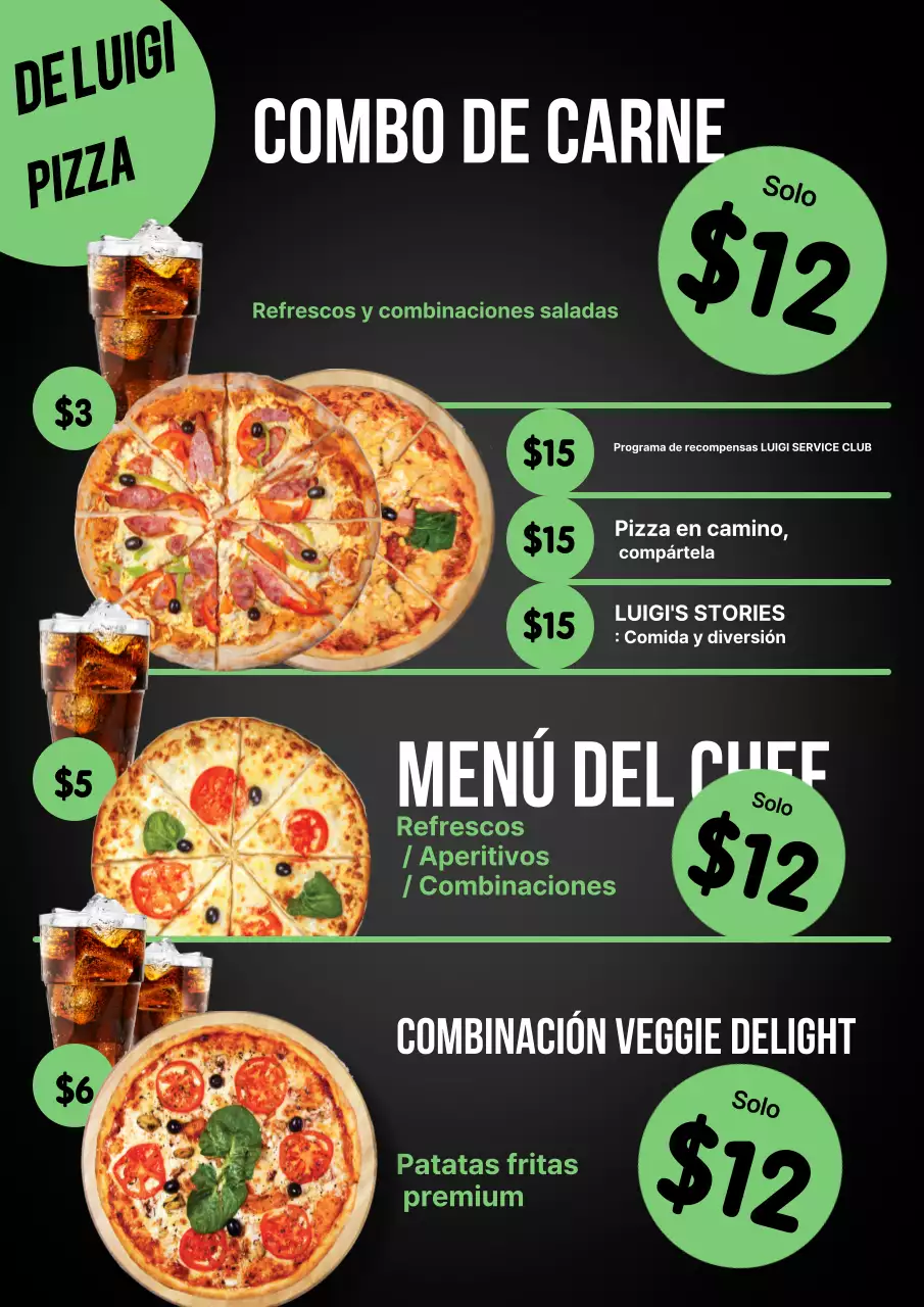 Póster de menú de pizza moderno en negro