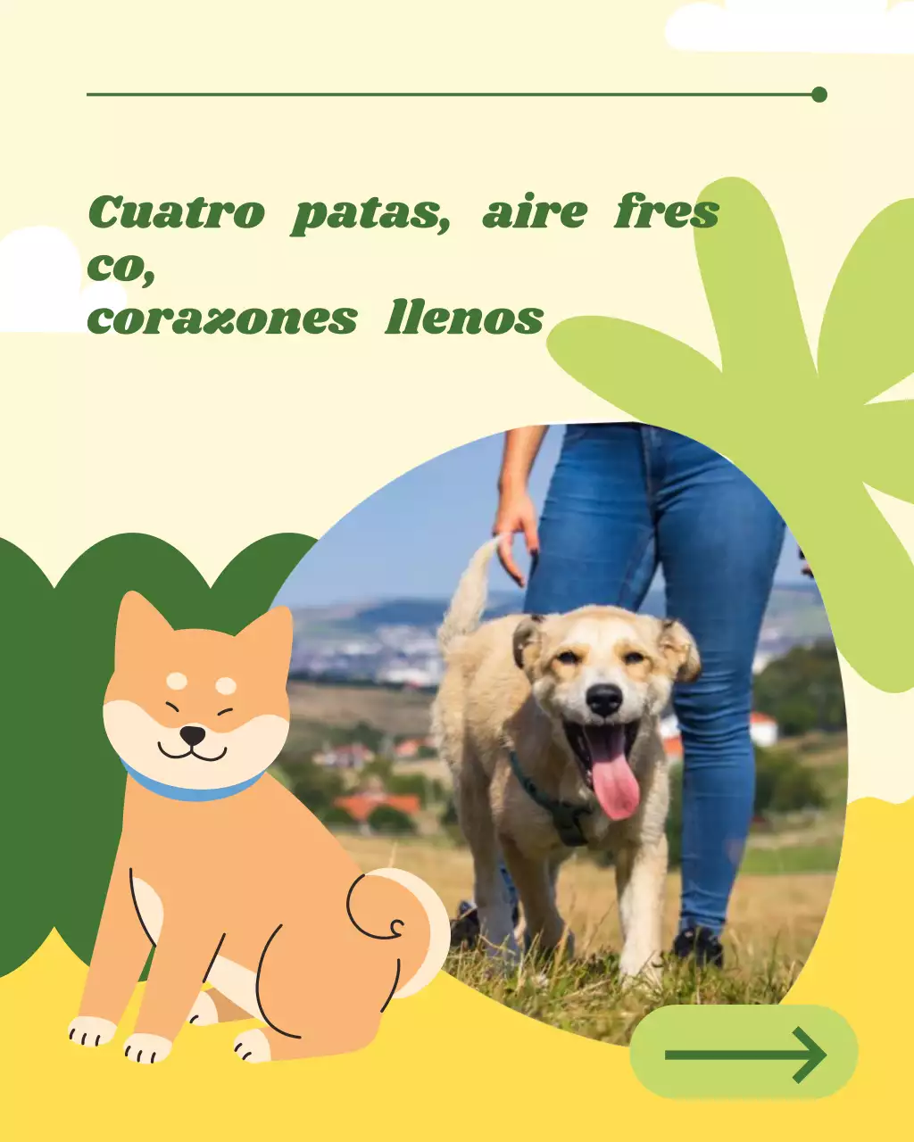 Plantilla para redes sociales de viajes y actividades al aire libre con mascotas para el Día del Trabajo en verde y amarillo
