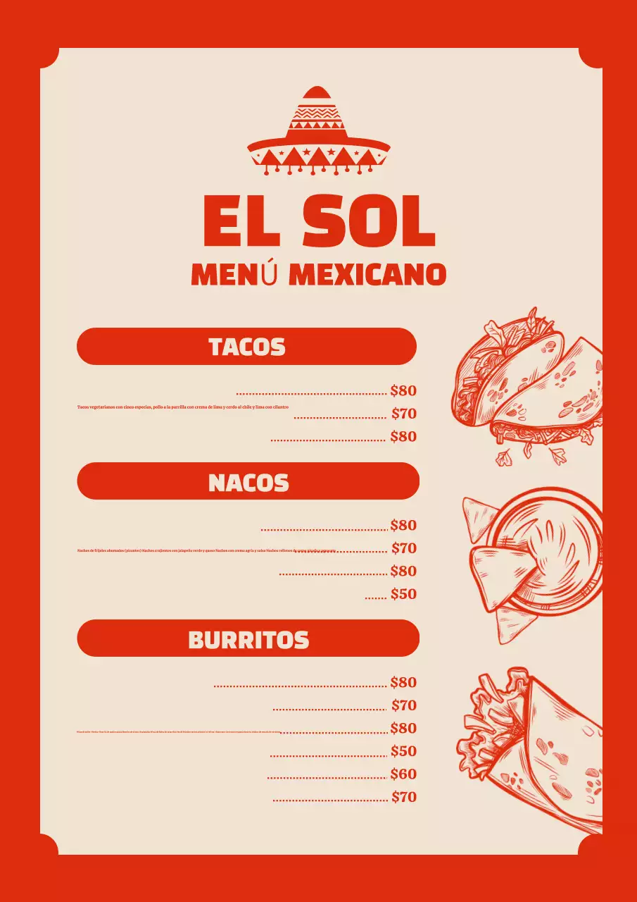 Póster rojo del menú tradicional mexicano