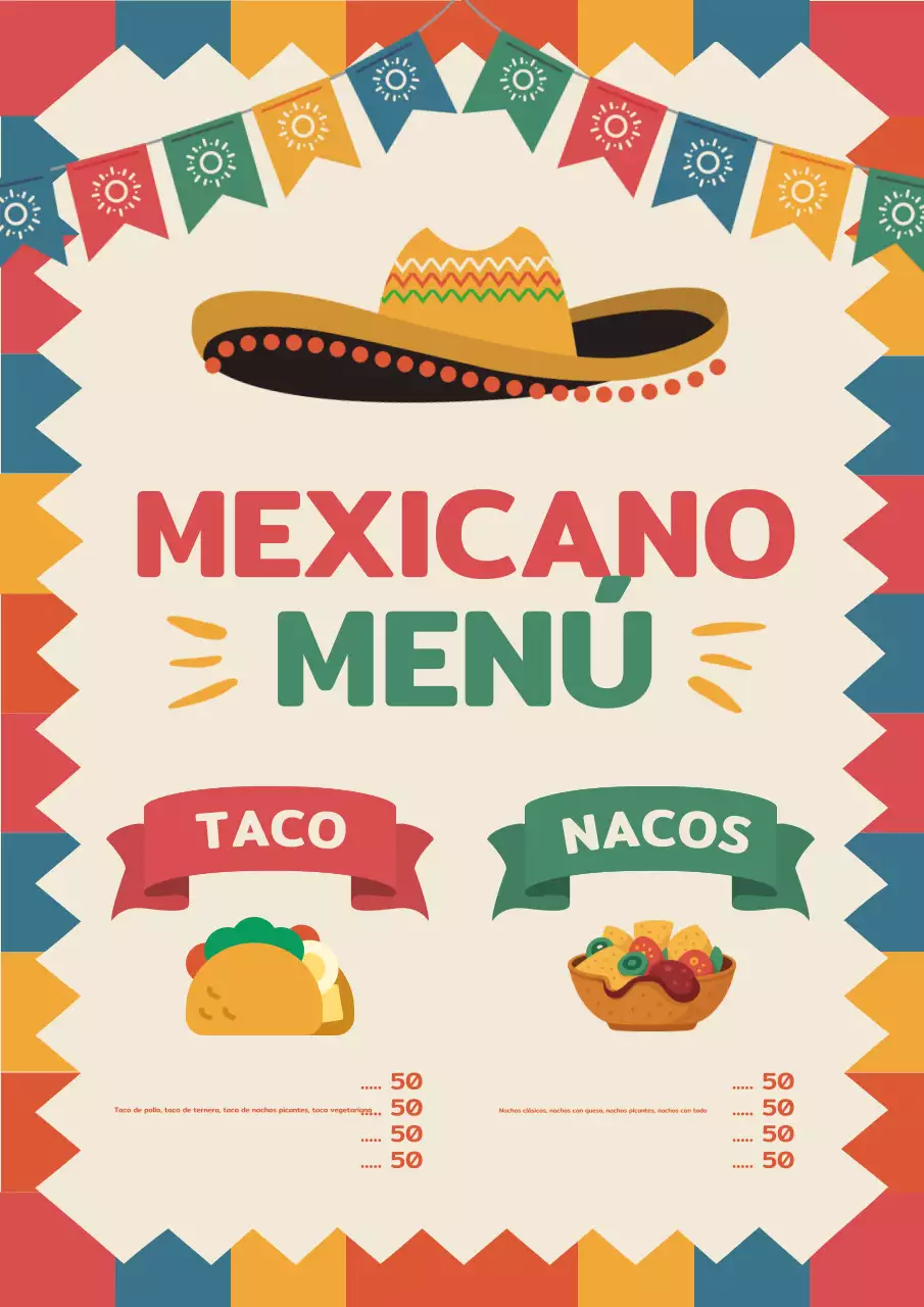 Póster colorido con diseño de menú tradicional mexicano