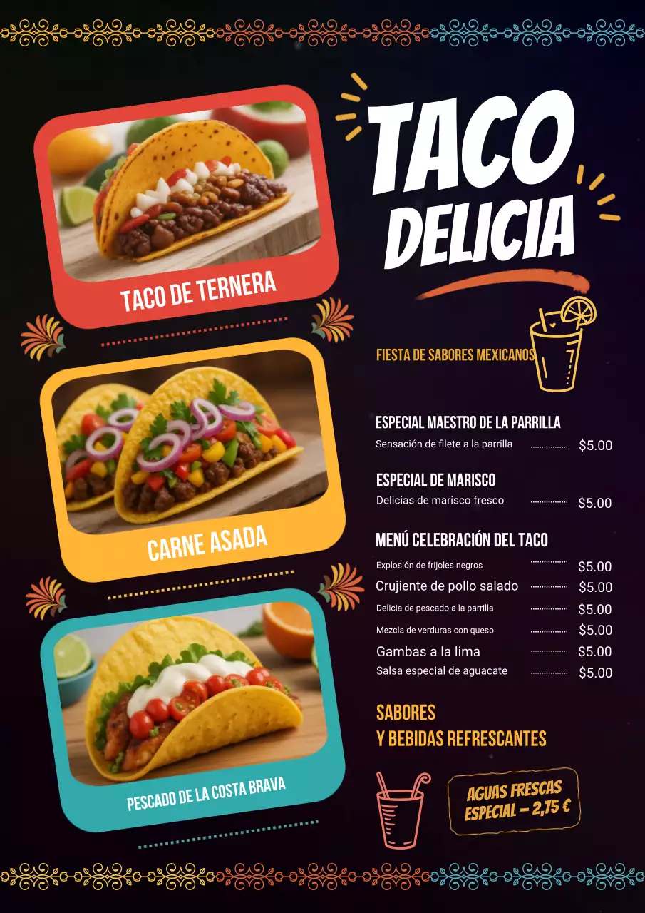 Póster del menú de tacos Black Vibrant