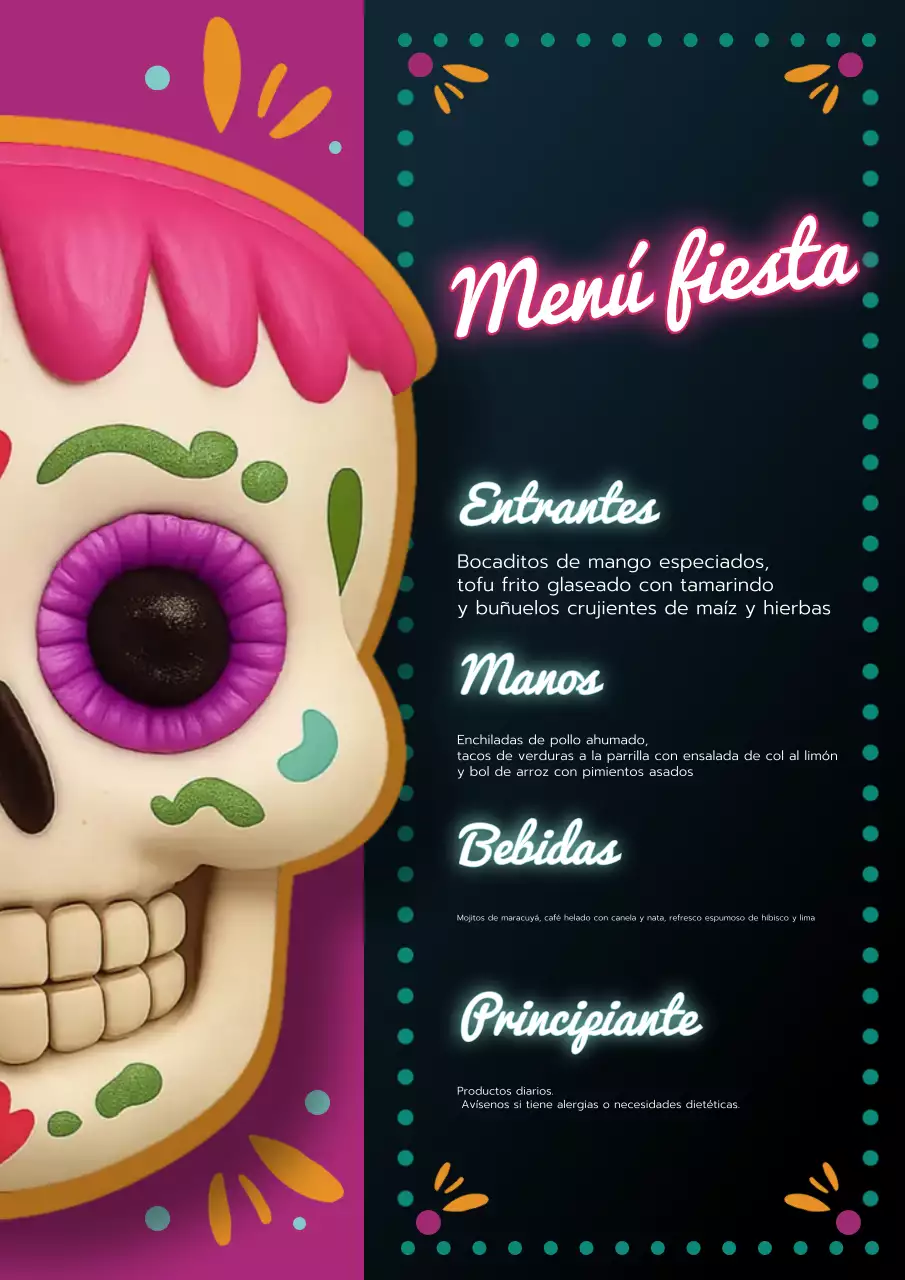 Póster morado del menú de comida festiva