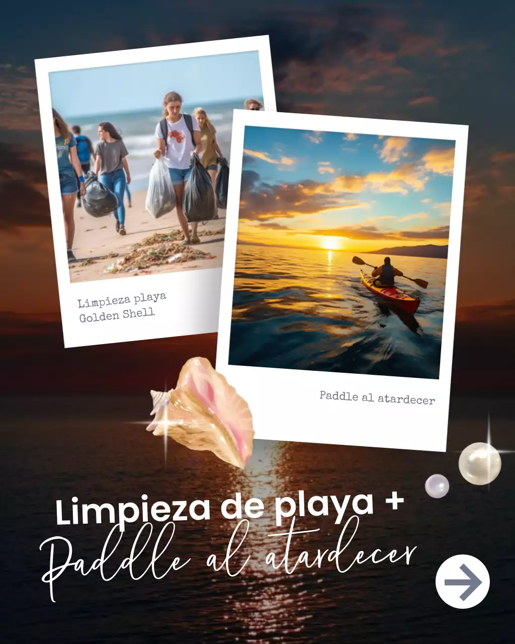 Plantilla para redes sociales con remo al atardecer para limpiar la playa en blanco y negro