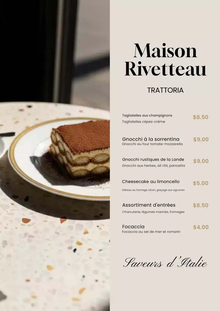 Affiche de menu italien beige et élégante
