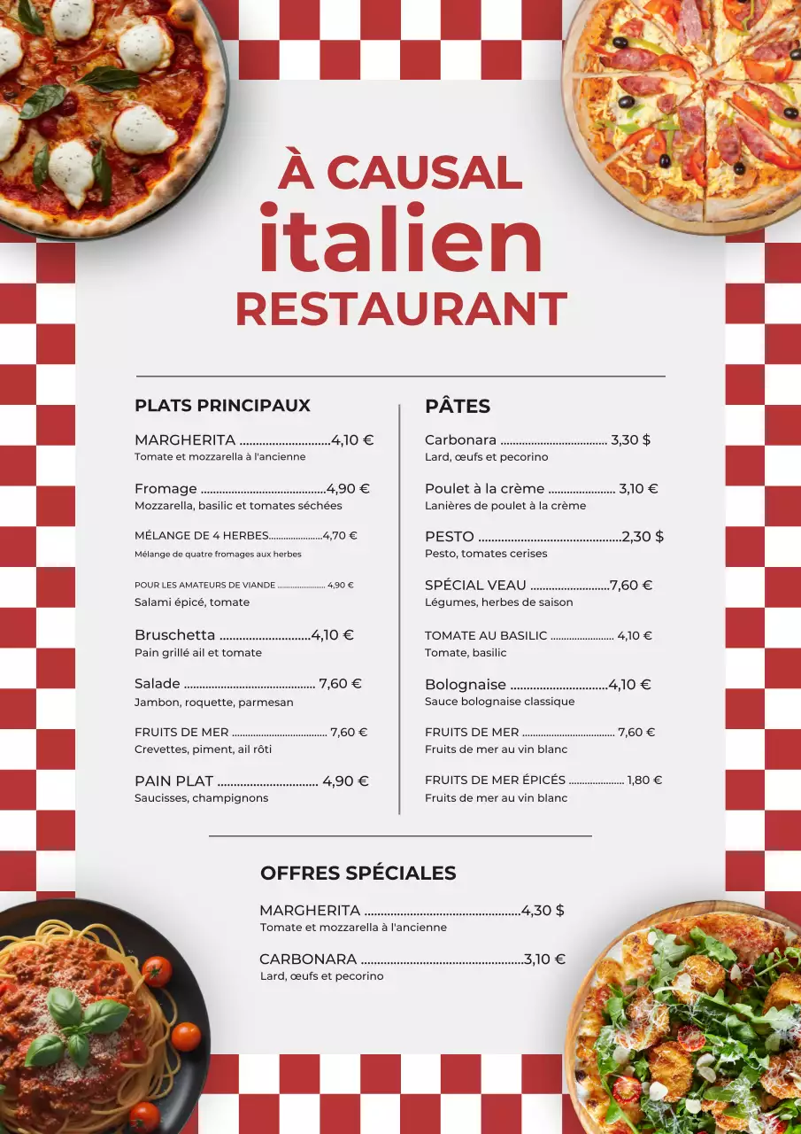 Affiche du menu italien classique rouge