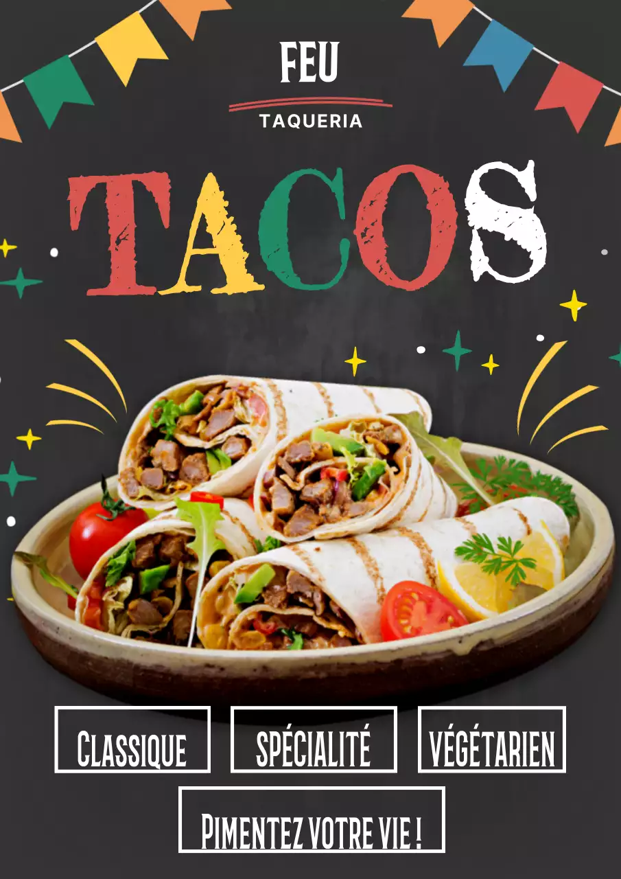 Affiche promotionnelle colorée pour tacos traditionnels