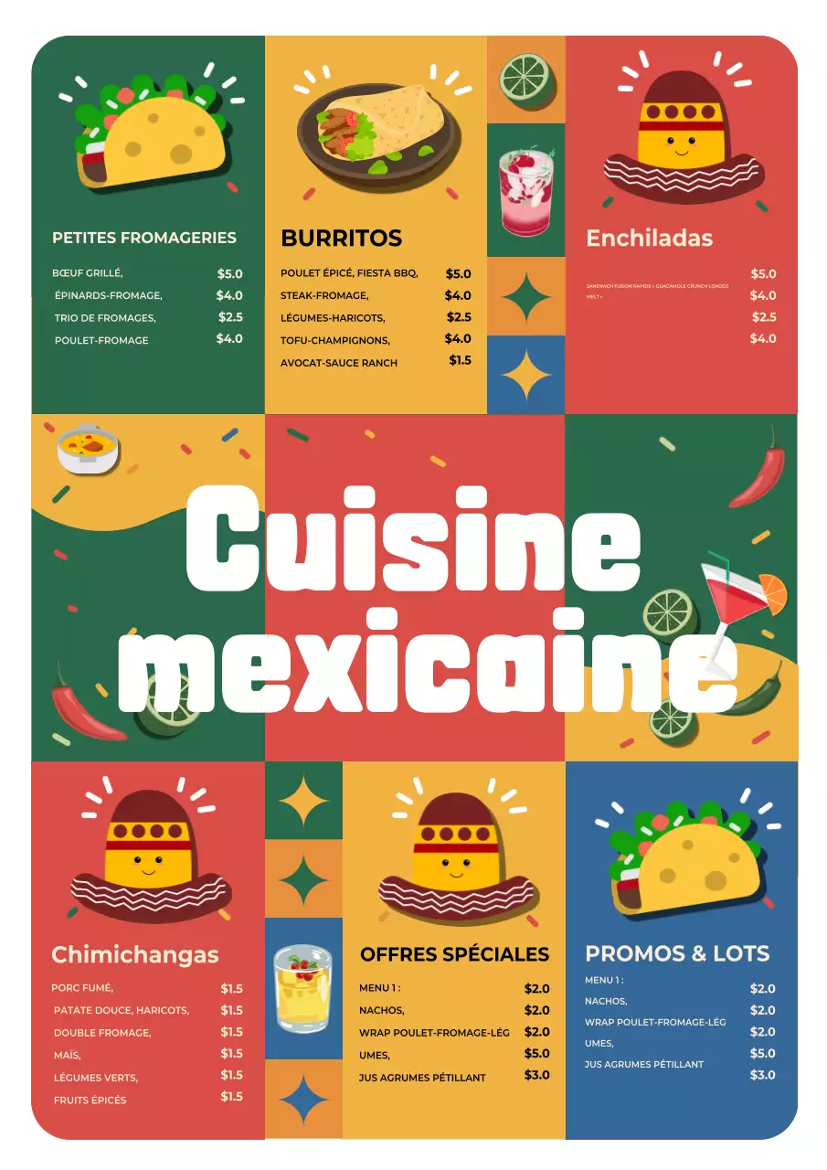 Affiche publicitaire colorée de menu mexicain rétro
