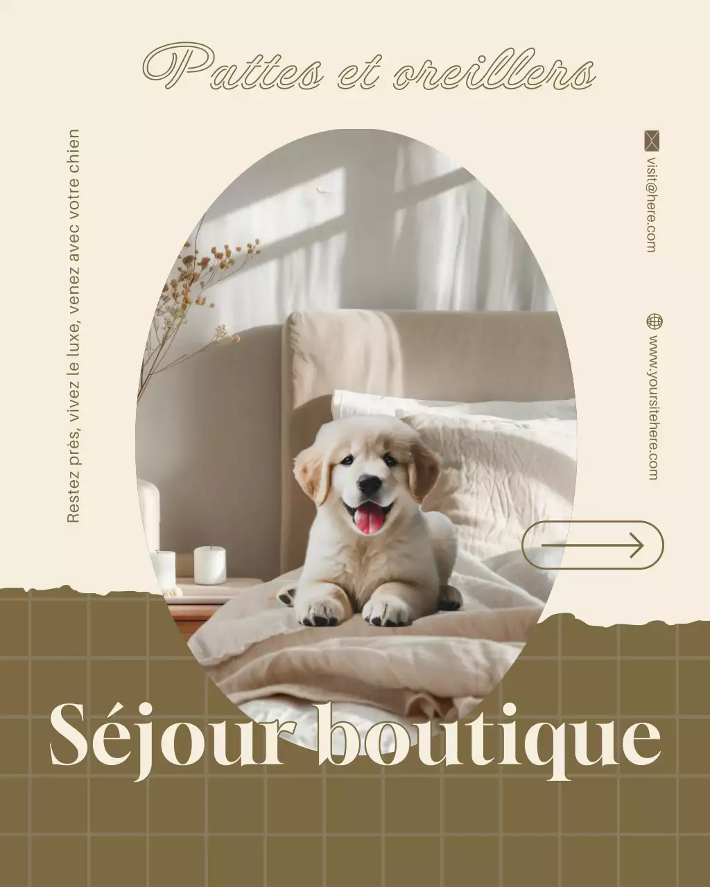 Publication Instagram pour la promotion d'un élégant hôtel pour animaux de compagnie beige et marron