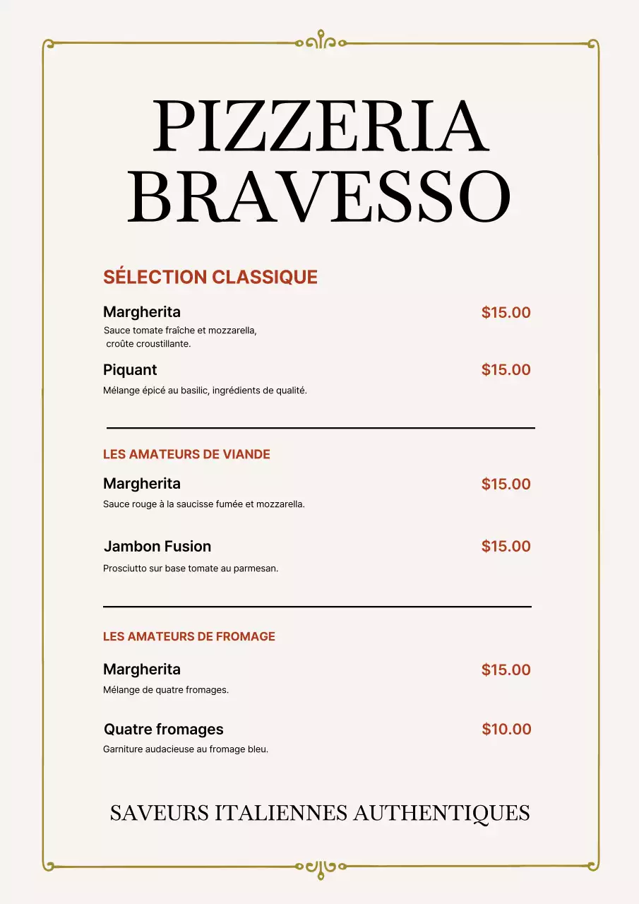 Affiche de menu de pizza classique beige
