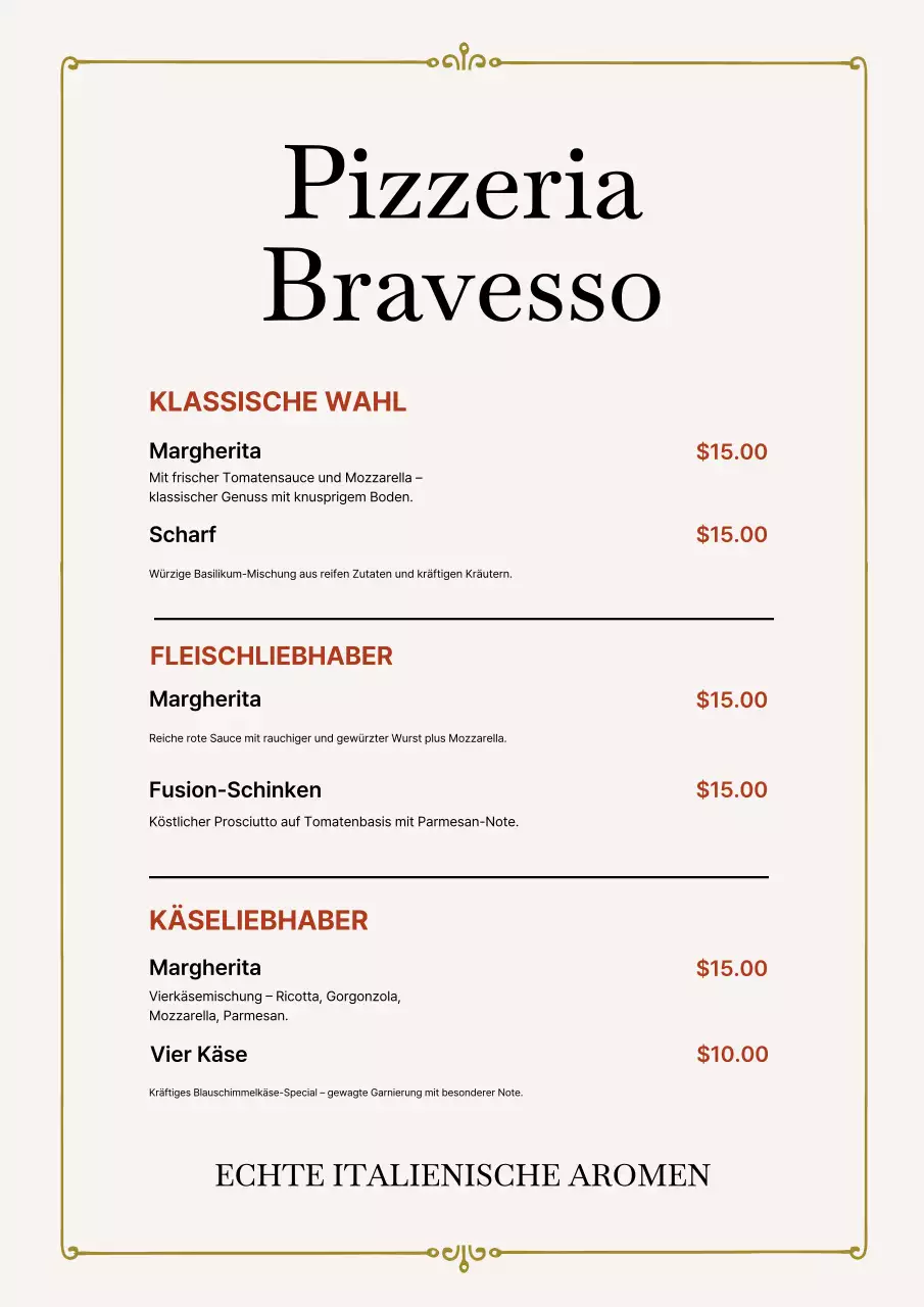 Beiges klassisches Pizzamenü-Poster