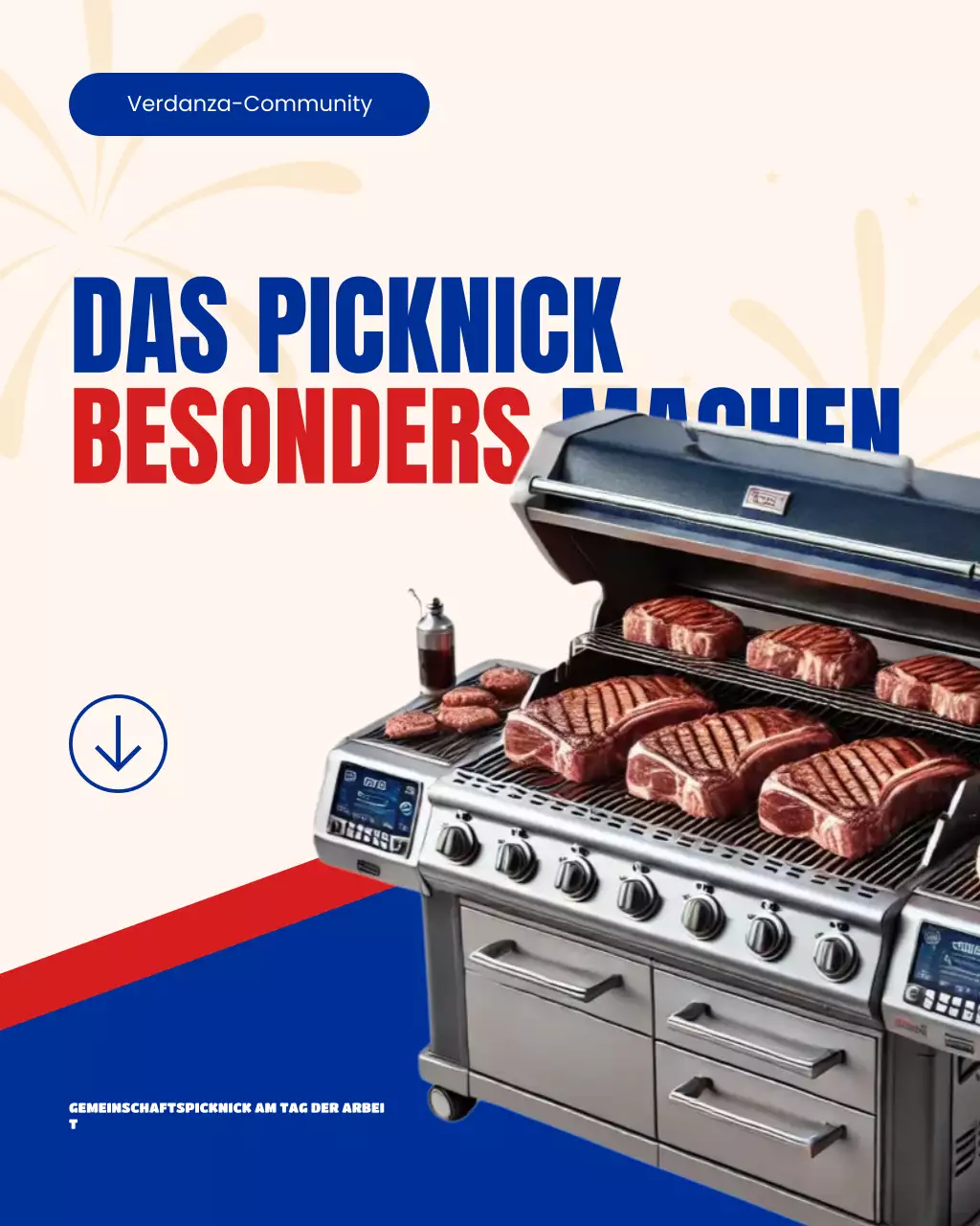 Blauer und roter, kräftiger Instagram-Karussell-Beitrag zum Gemeinschaftspicknick am Labor Day