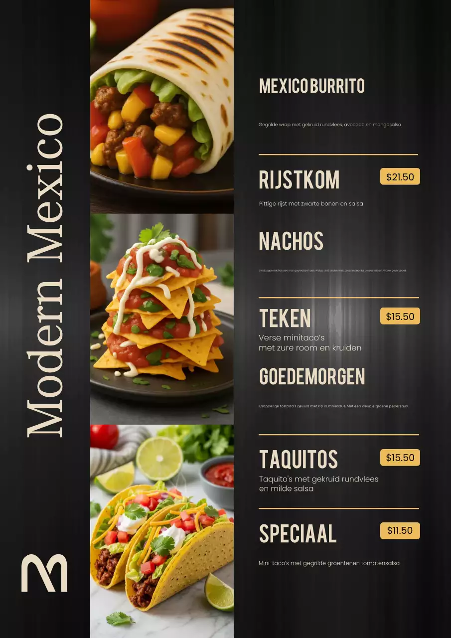 Zwarte moderne Mexicaanse menu-ontwerpposter