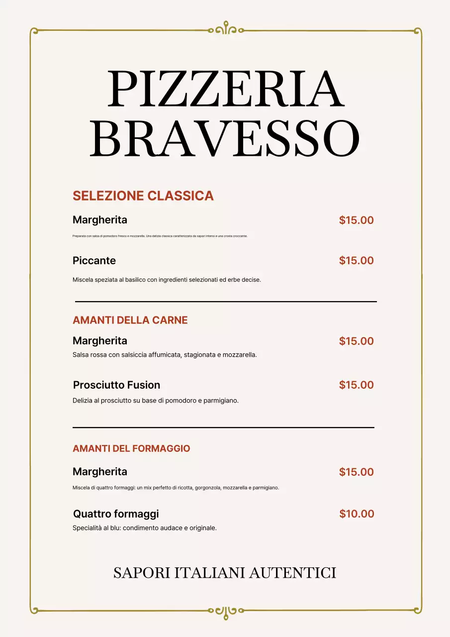 Poster del menu della pizza classica beige