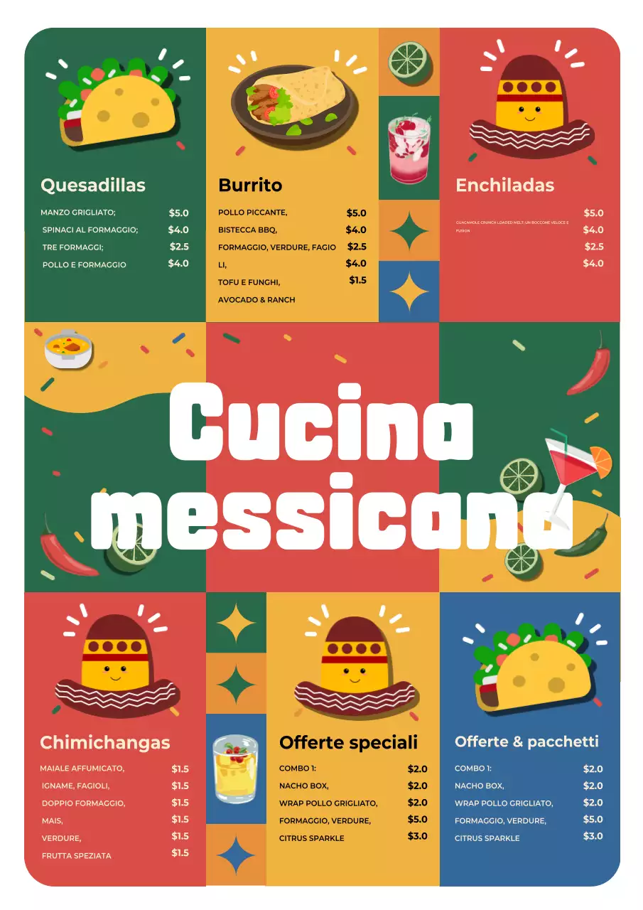 Manifesto pubblicitario colorato del menu messicano retrò